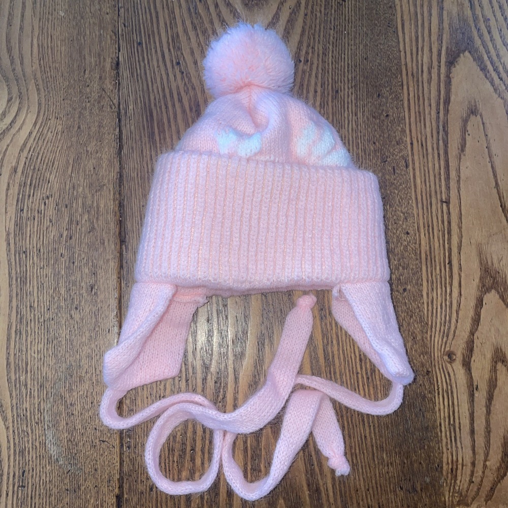 vintage winter hat with tie and earflaps pink with rabbits‎ & tulips 0-3 month